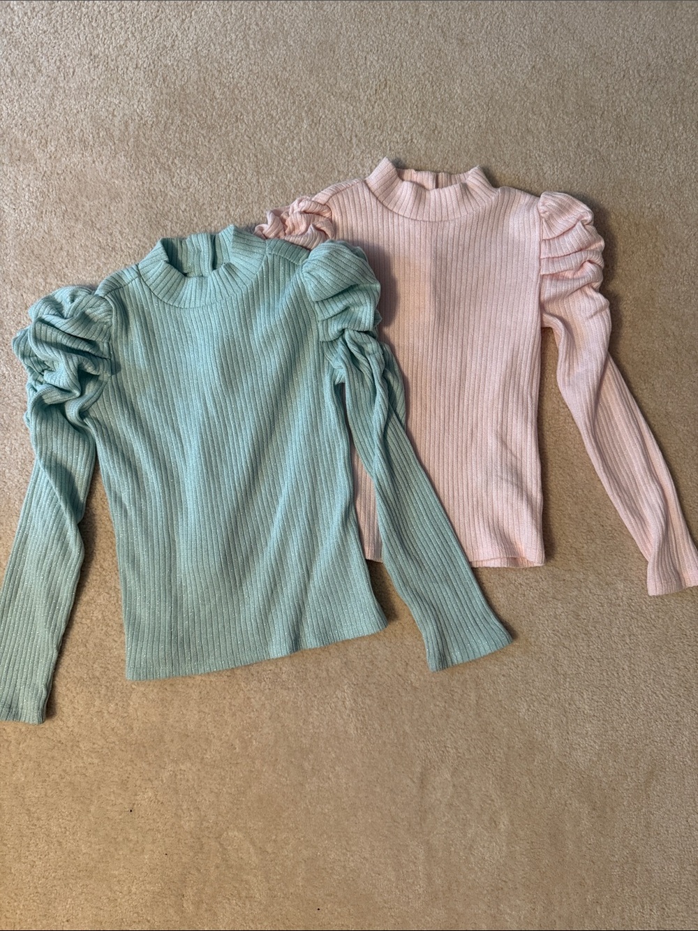 Pair of Janie and Jack Ribbed Puff-Sleeve Mock Neck Tops Mint Green Pink Girls